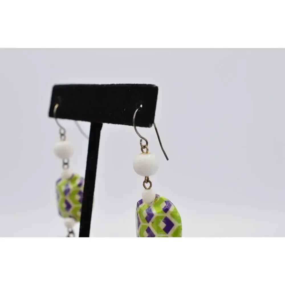 Vintage Statement Earrings Dangle Wooden Beaded Green White Funky 70s 80s 9L